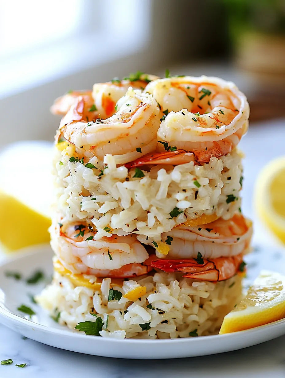 A stack of shrimp and rice with lemon wedges on top.