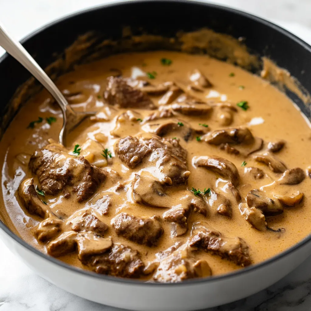 A bowl of beef stew with mushrooms and herbs, ready to be eaten.