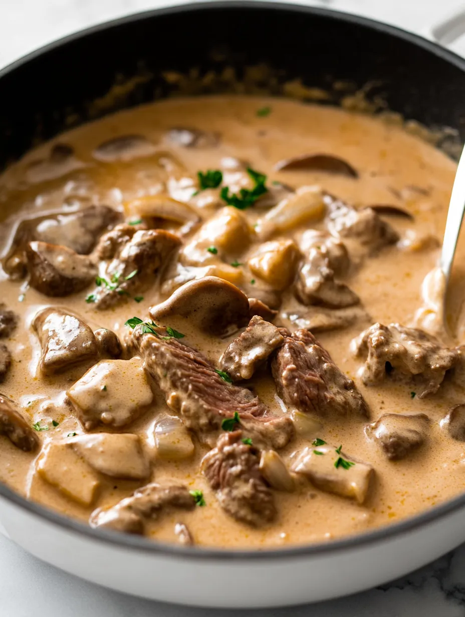 A bowl of stew with mushrooms and meat in it.