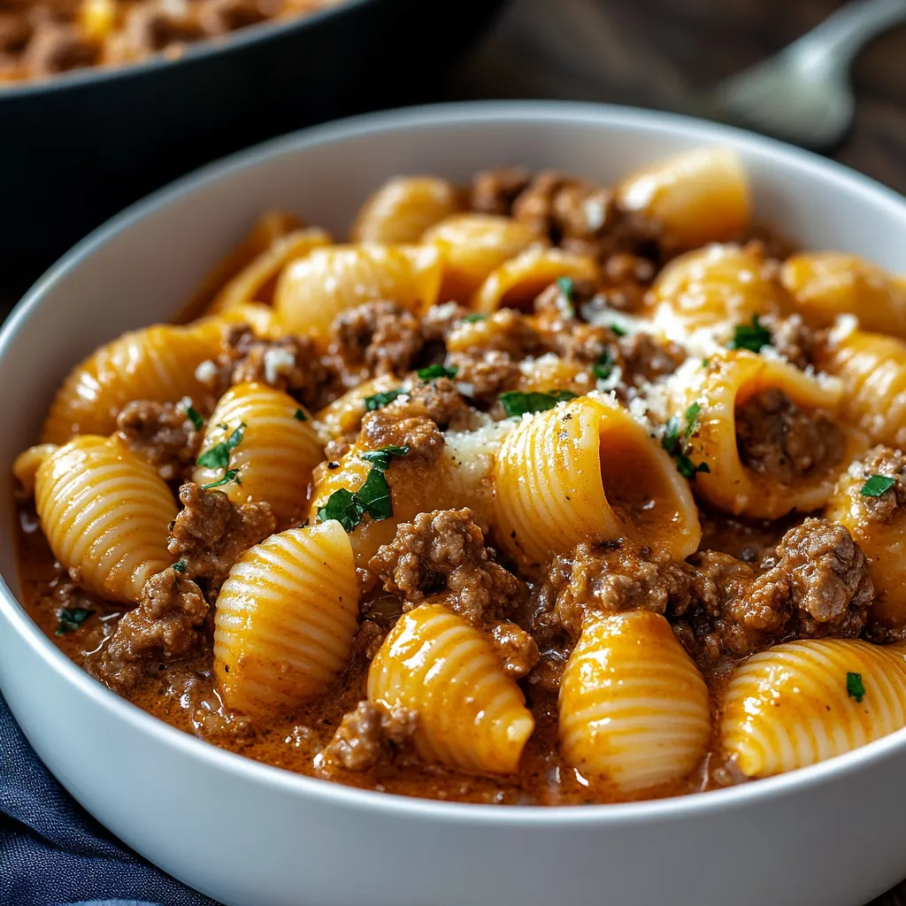 A bowl of pasta with meat sauce and cheese.