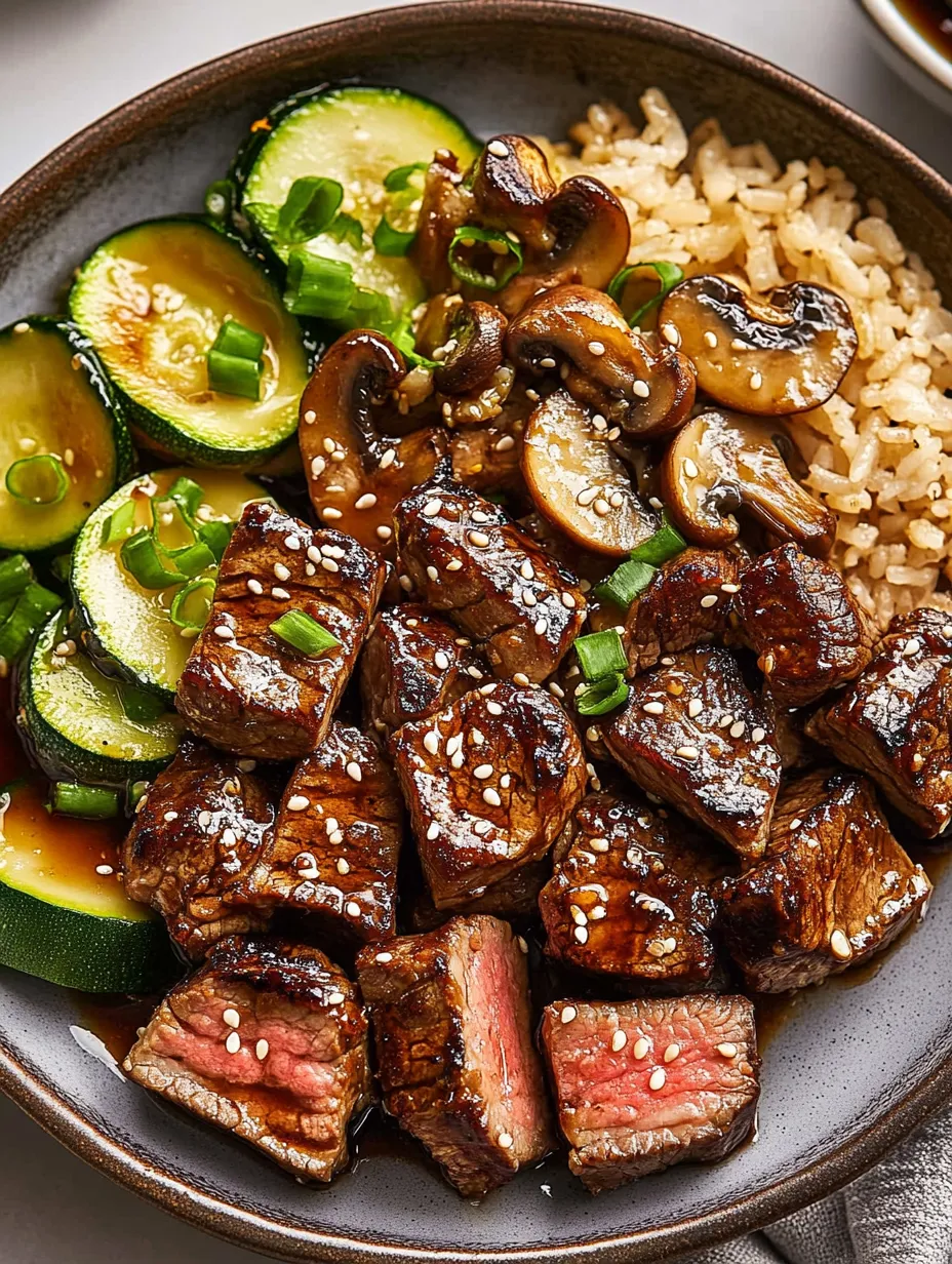 A plate of food with meat, mushrooms, and vegetables.