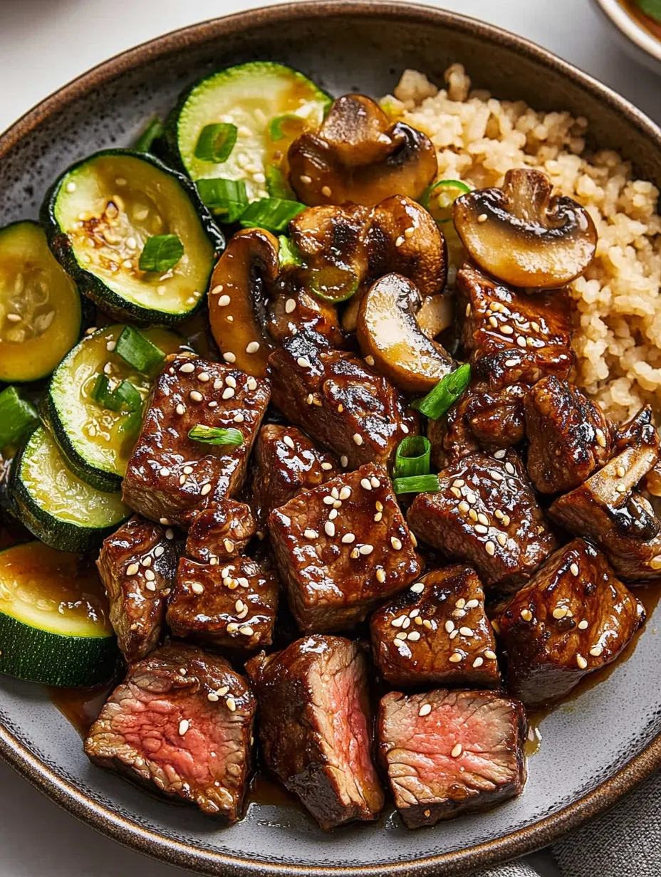 A plate of food with meat, mushrooms, and vegetables.