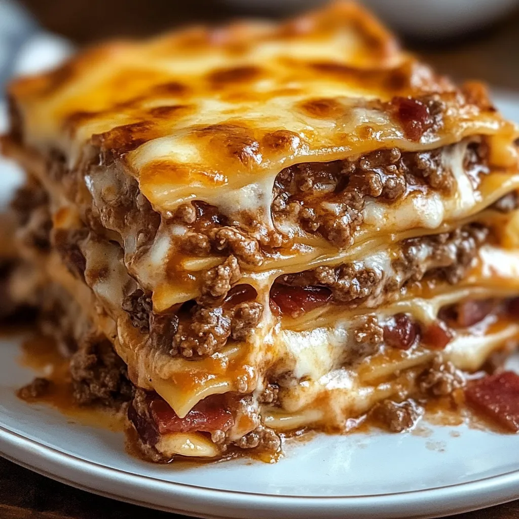 A stack of lasagna on a plate.