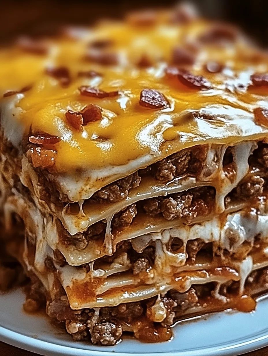 A stack of cheesy, bacon-covered meat casserole.