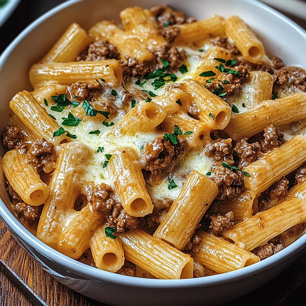 A bowl of pasta with meat and cheese on top.