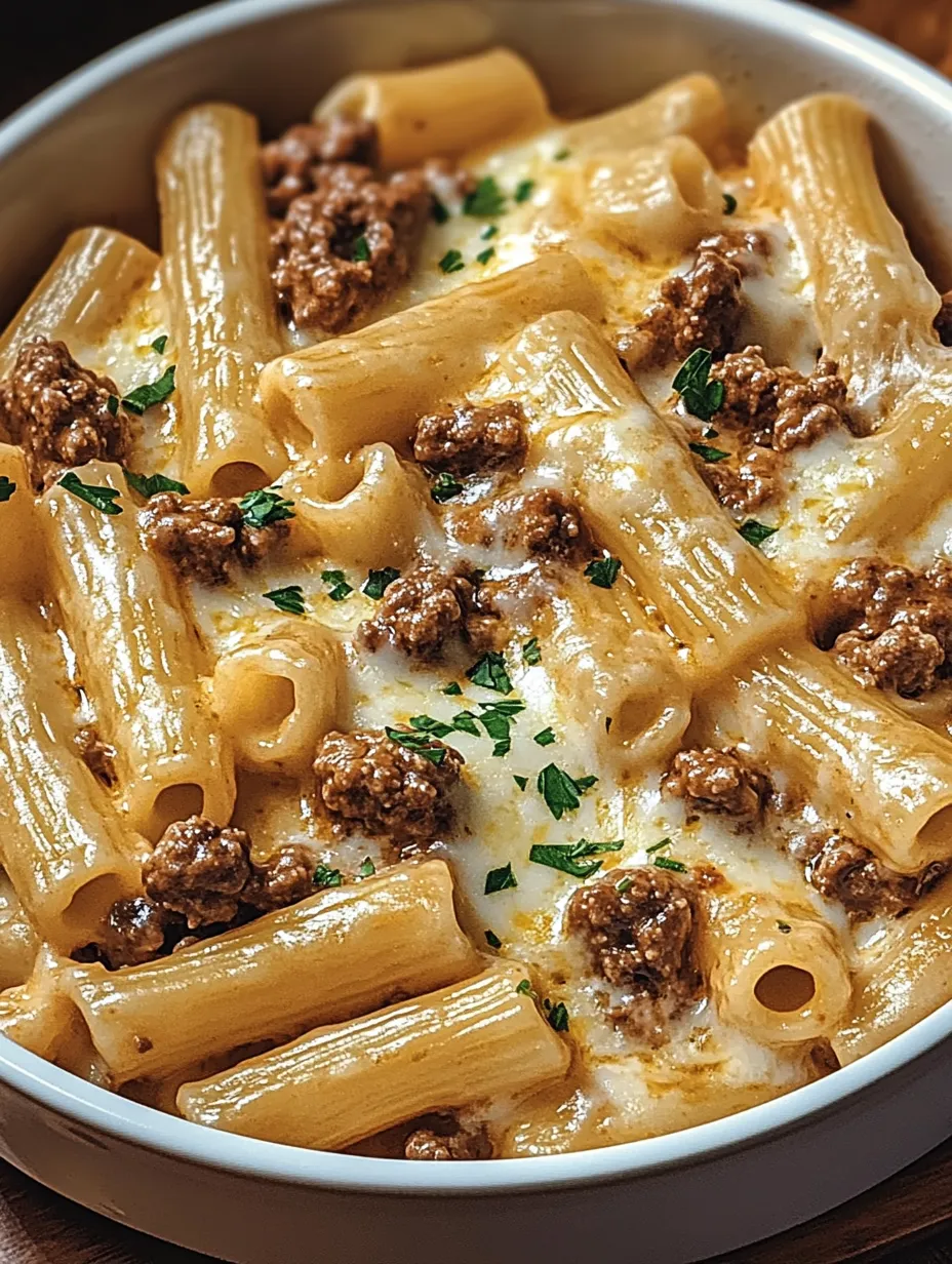 A bowl of pasta with meat and cheese.