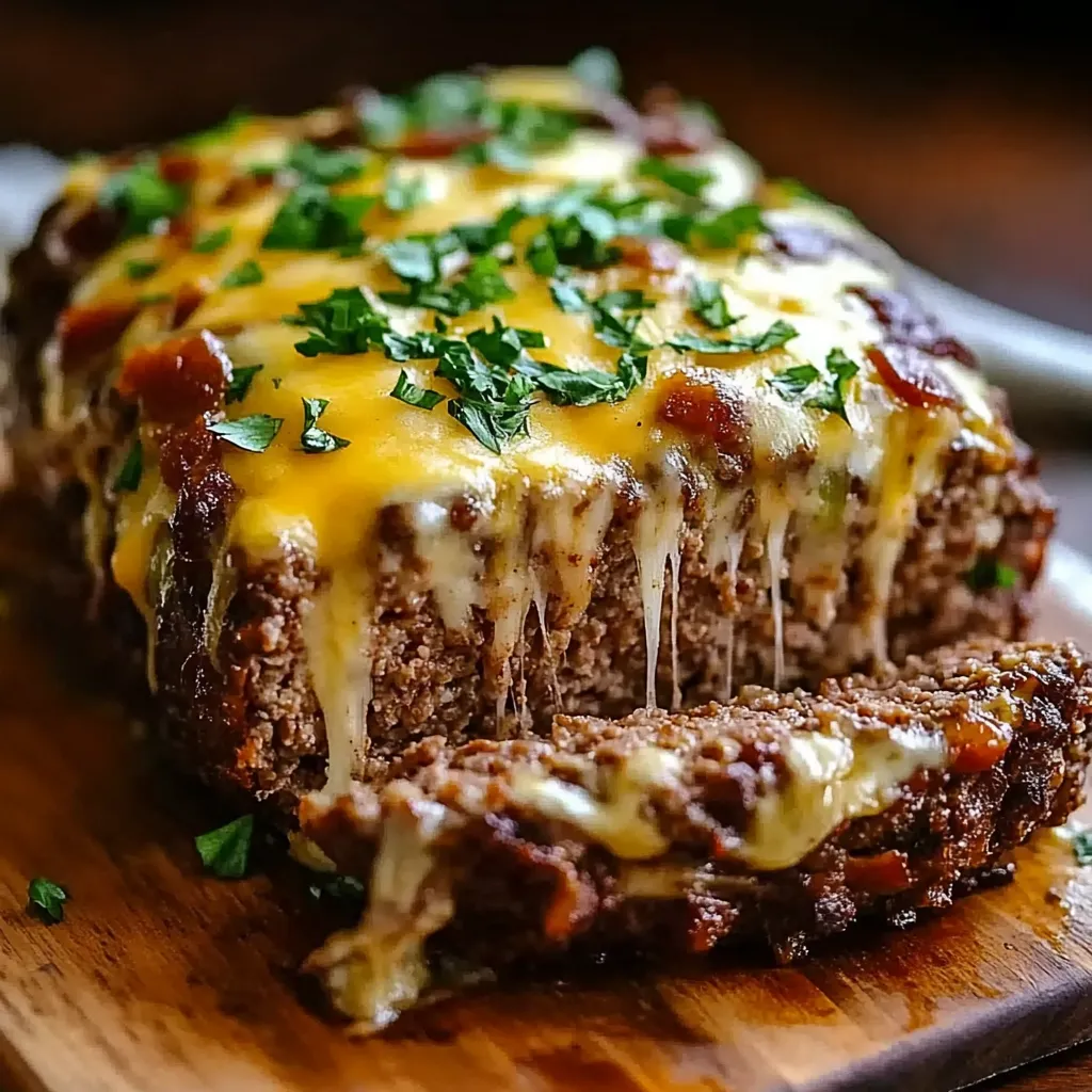 A delicious cheese and meat dish on a wooden cutting board.