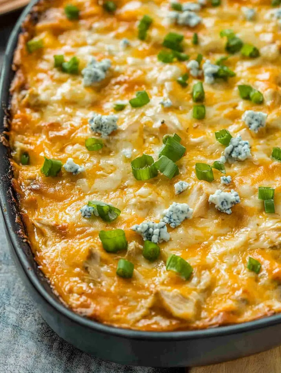 A delicious cheese and chicken dish with blue cheese on top.