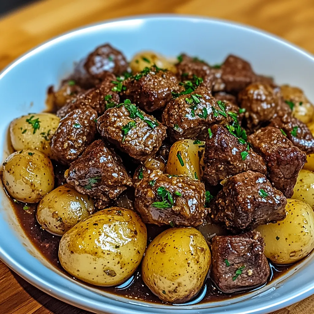 A white bowl filled with meat and potatoes.