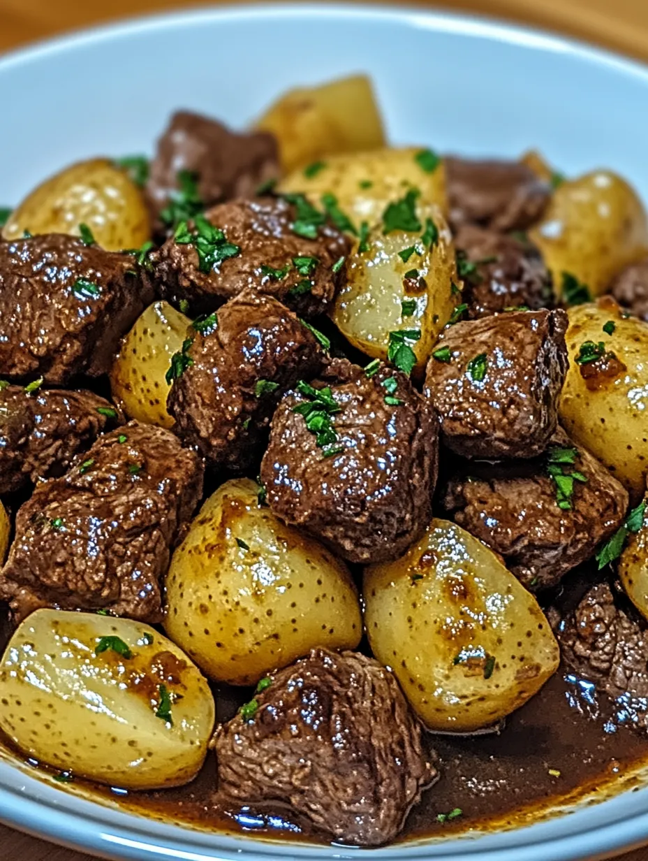 A plate of meat and potatoes with a green garnish.