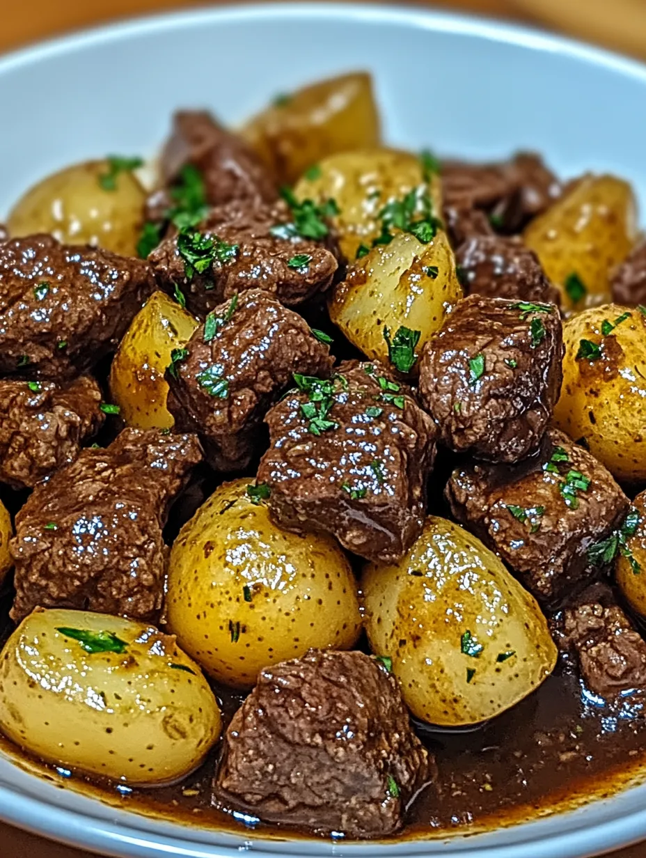 A plate of meat and potatoes, with a green garnish on top.