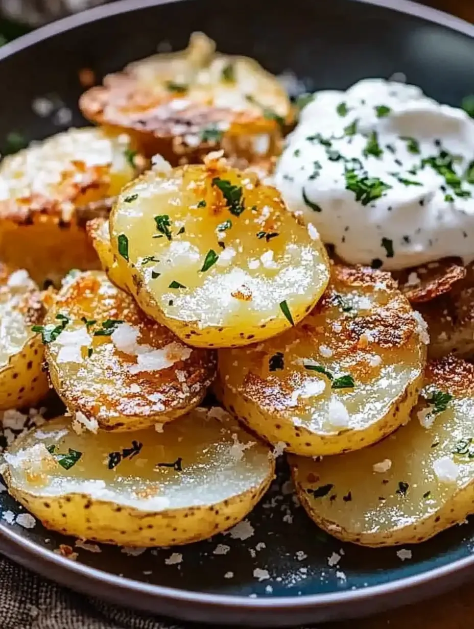 A plate of potatoes with white sauce and green herbs on top.