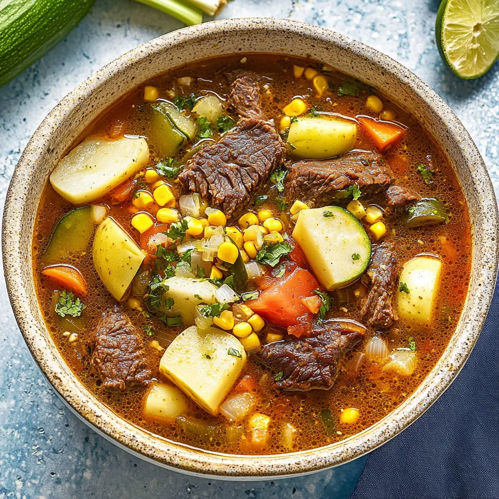 A bowl of beef stew with vegetables and limes.