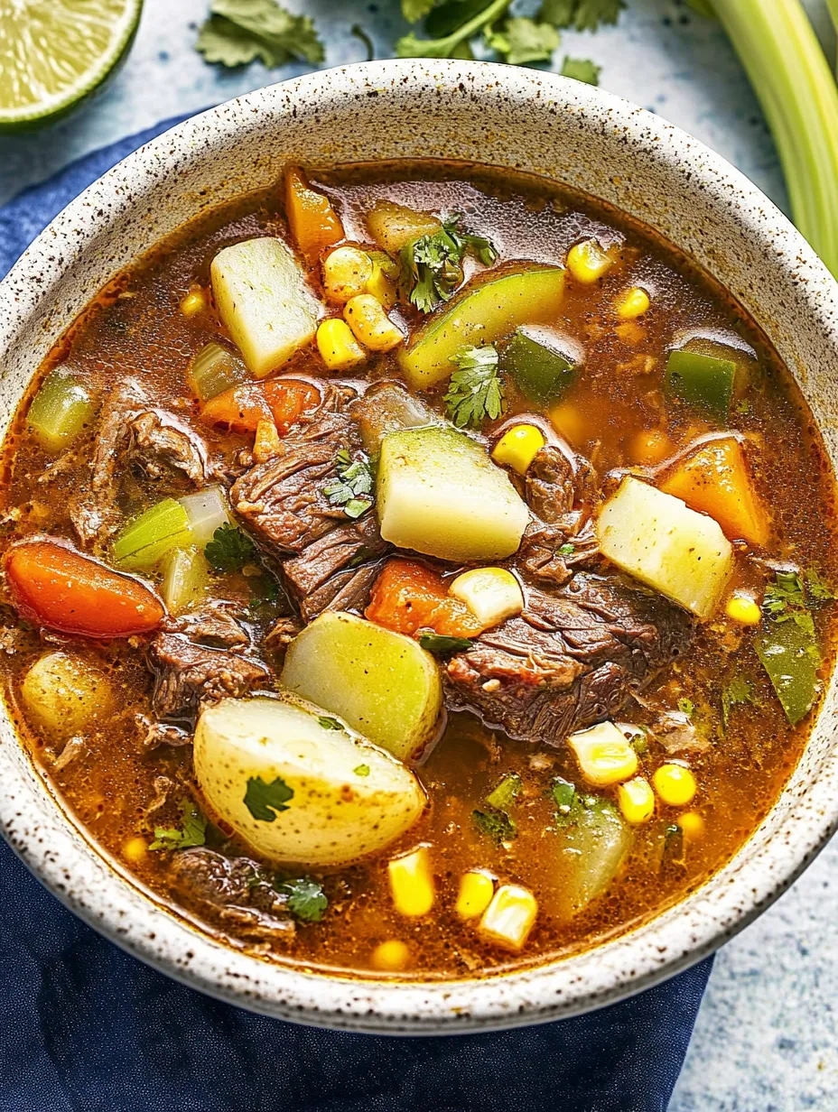 A bowl of soup with meat and vegetables.