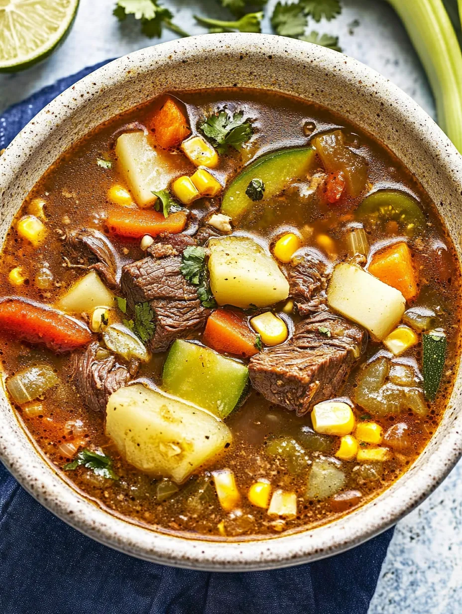 A bowl of soup with beef, potatoes, and vegetables.