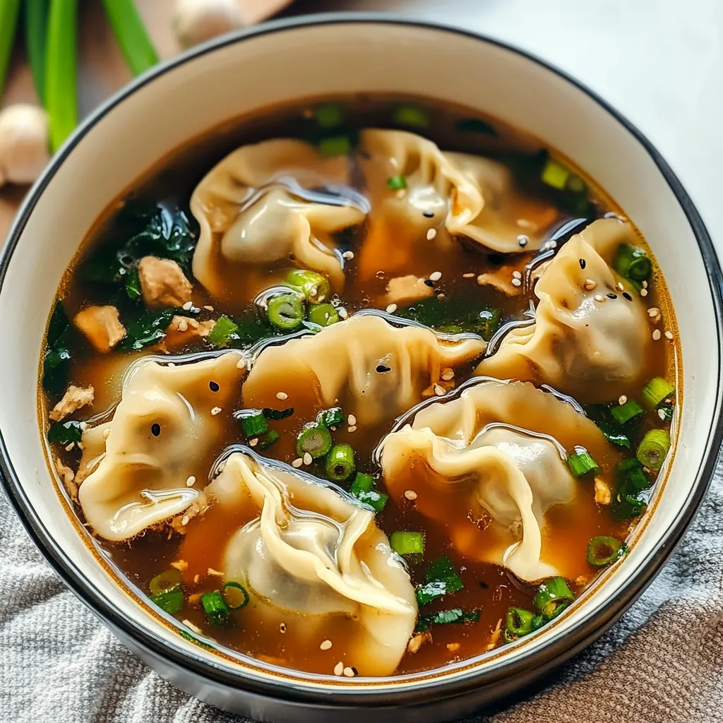 A bowl of soup with dumplings and vegetables.