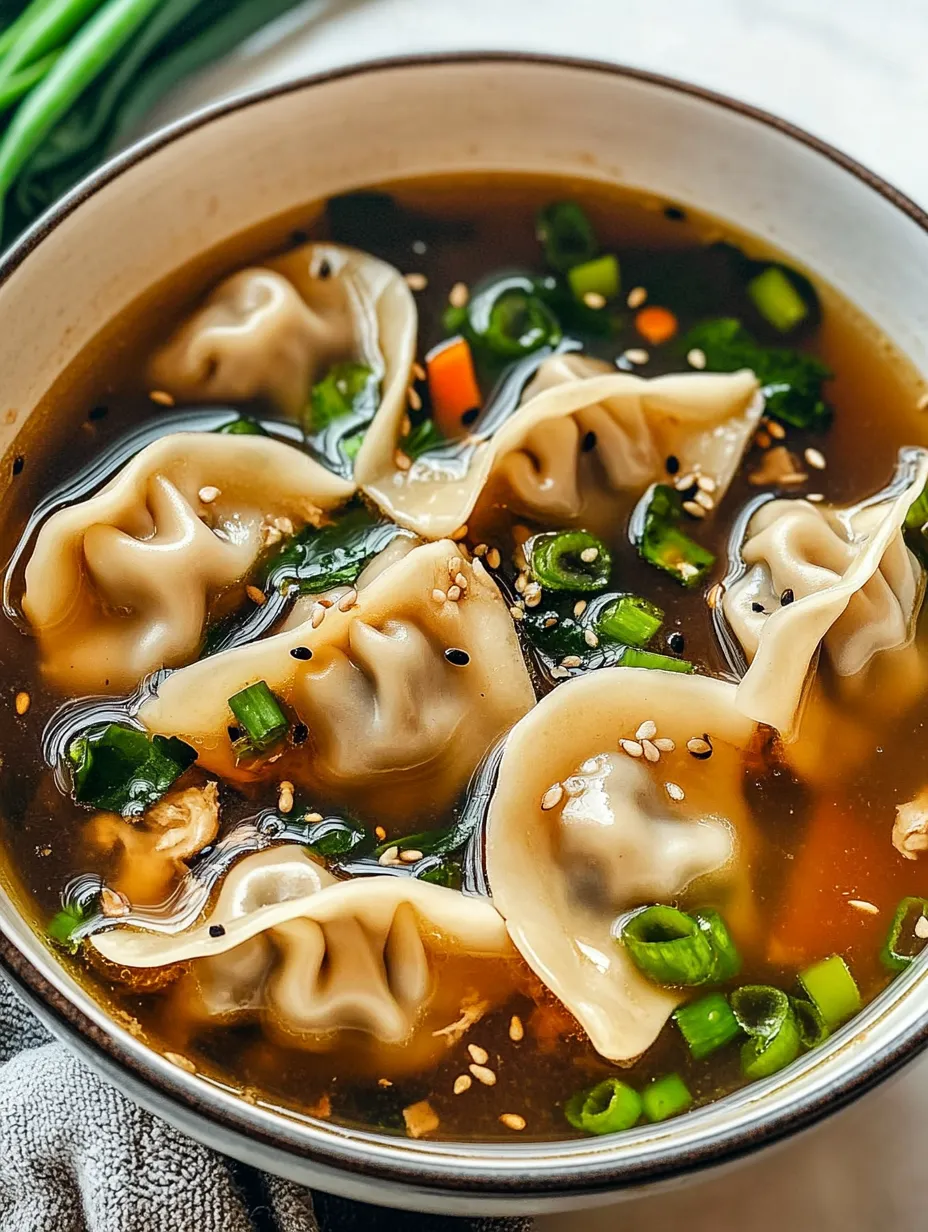 A bowl of soup with dumplings and vegetables.