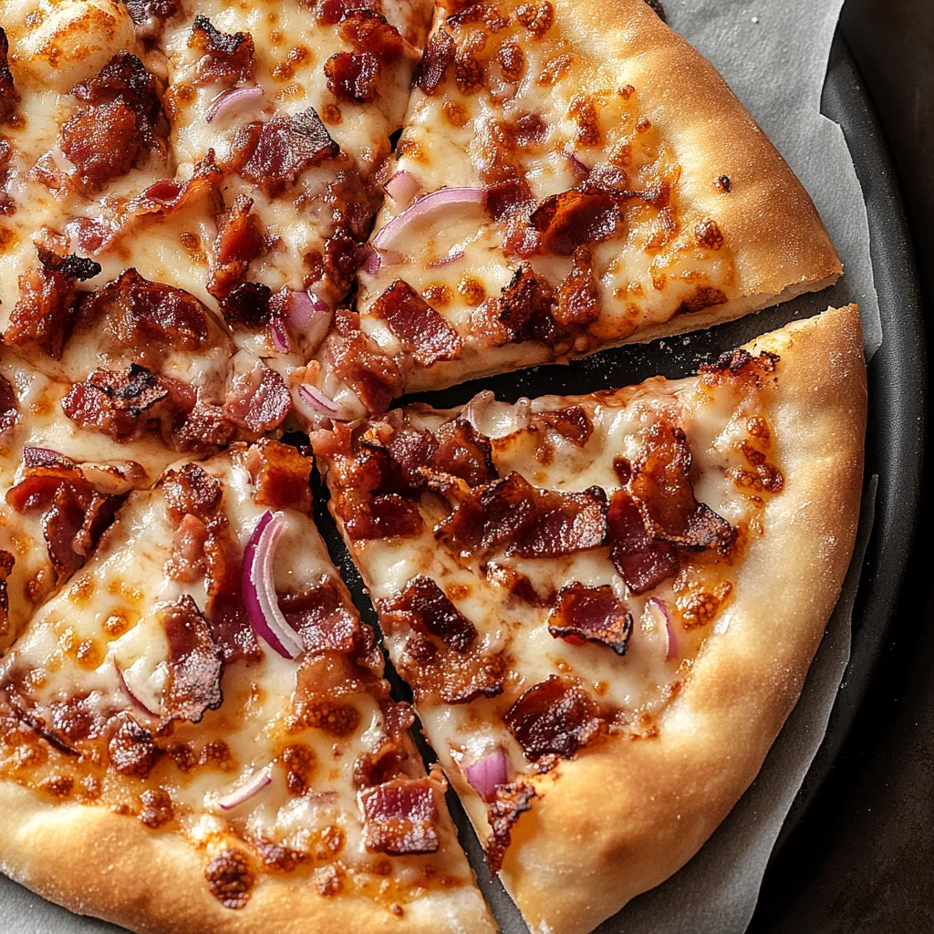 A slice of pizza with bacon and onions on it.