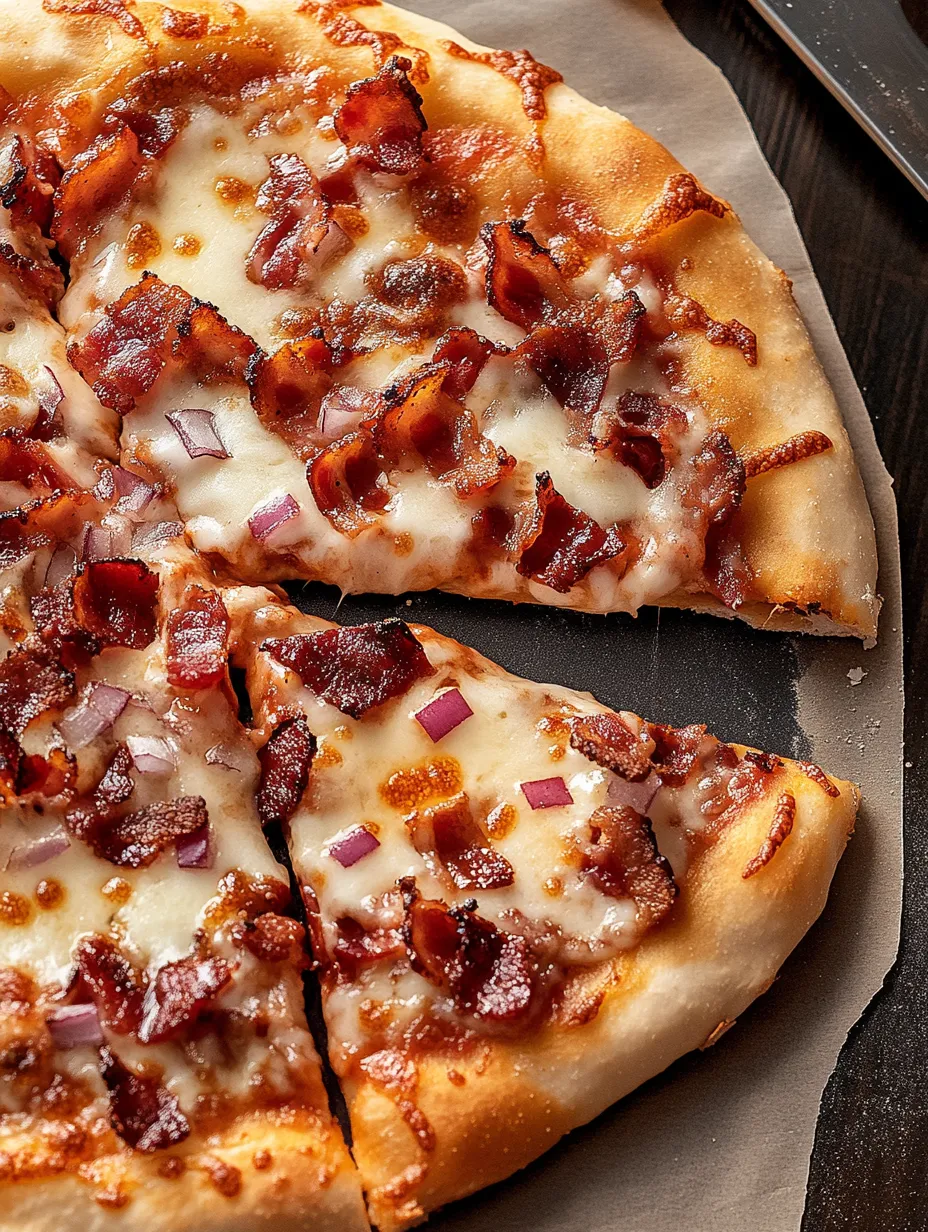 A slice of pizza with bacon and onions on a black cutting board.