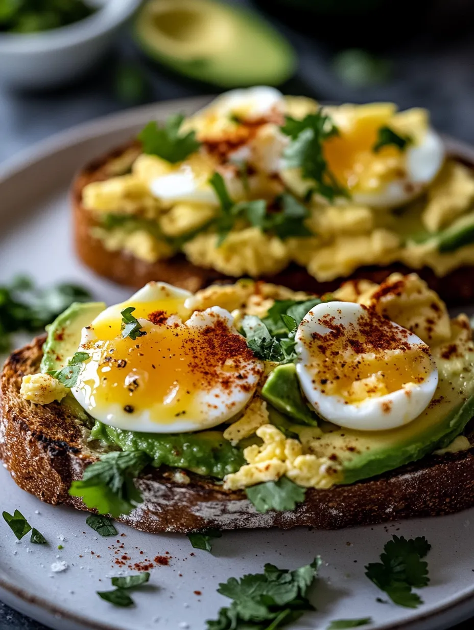 Two toasted slices of bread with eggs and avocado on top.