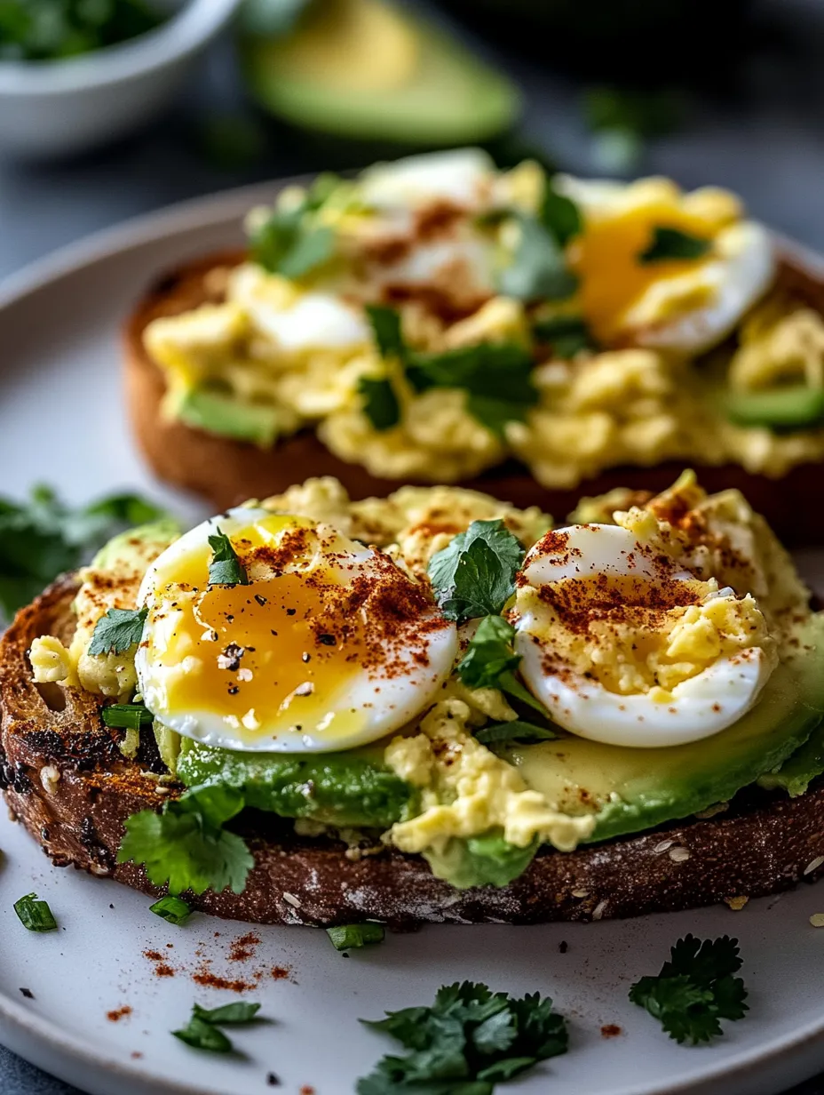 Two pieces of toast with eggs and avocado on top.