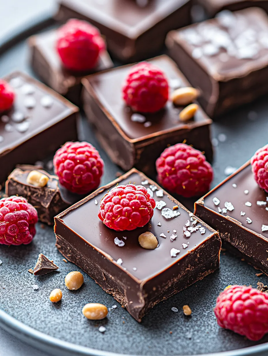 A plate of chocolate desserts with raspberries on top.