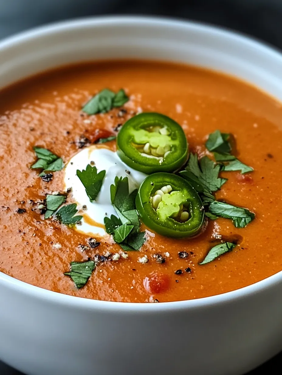 A bowl of soup with a dollop of sour cream and two green peppers on top.