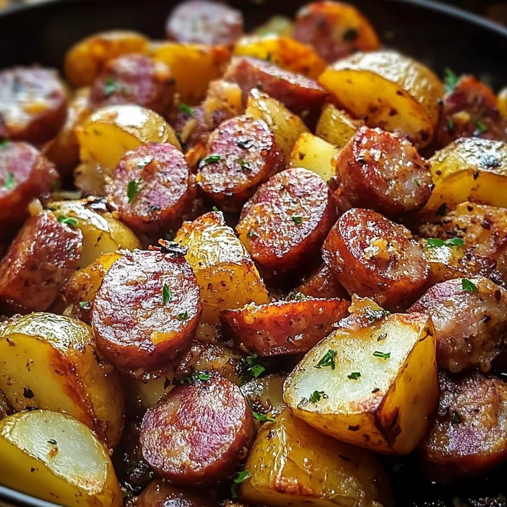 A delicious sausage and potato dish, ready to be served.