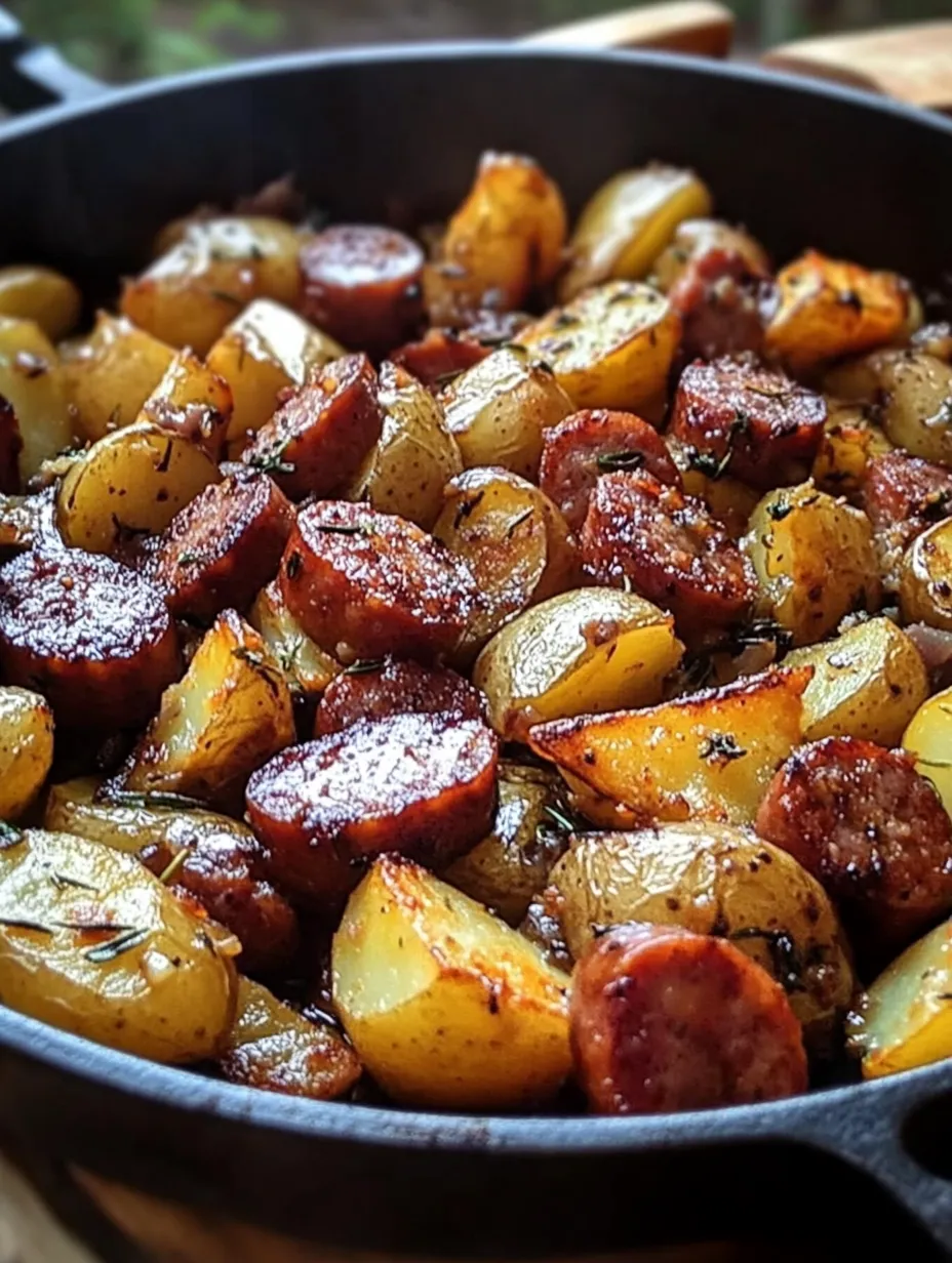 A delicious sausage and potato dish, ready to be served.