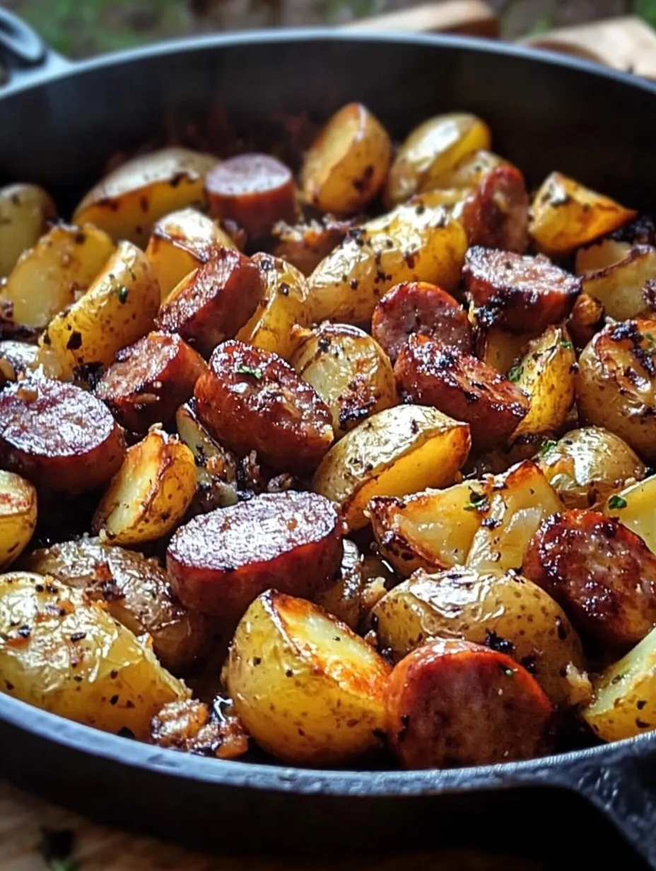 A delicious sausage and potato dish, ready to be served.