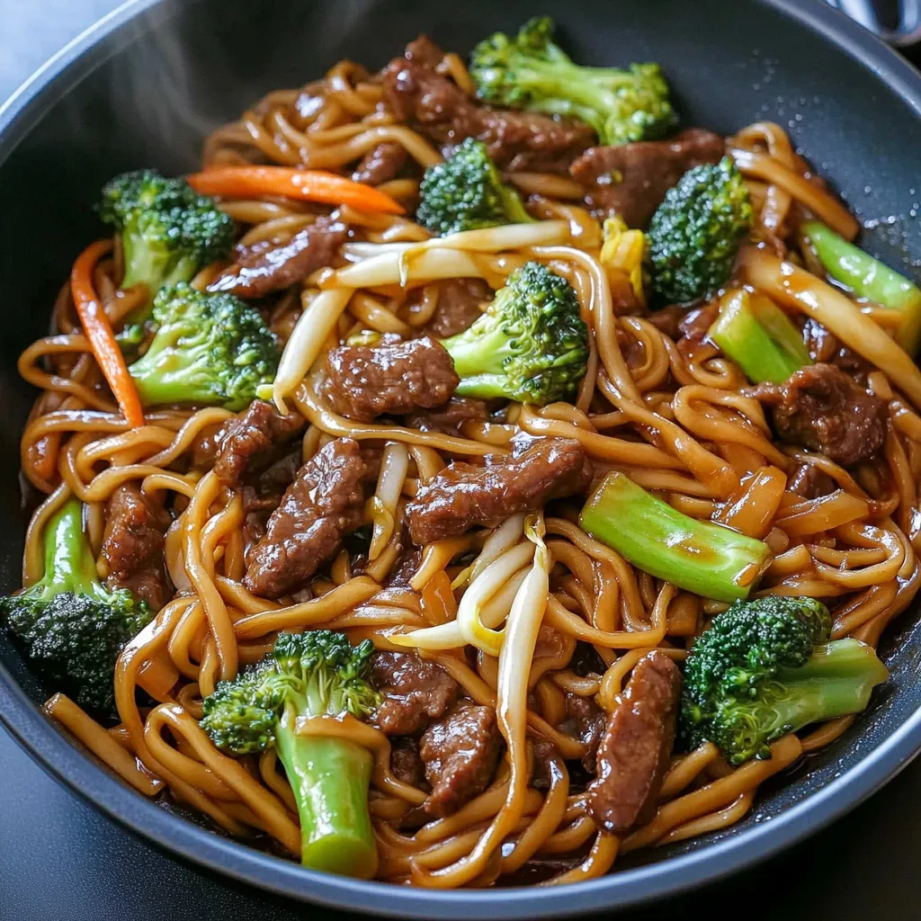 A bowl of Chinese food with noodles, meat, and vegetables.