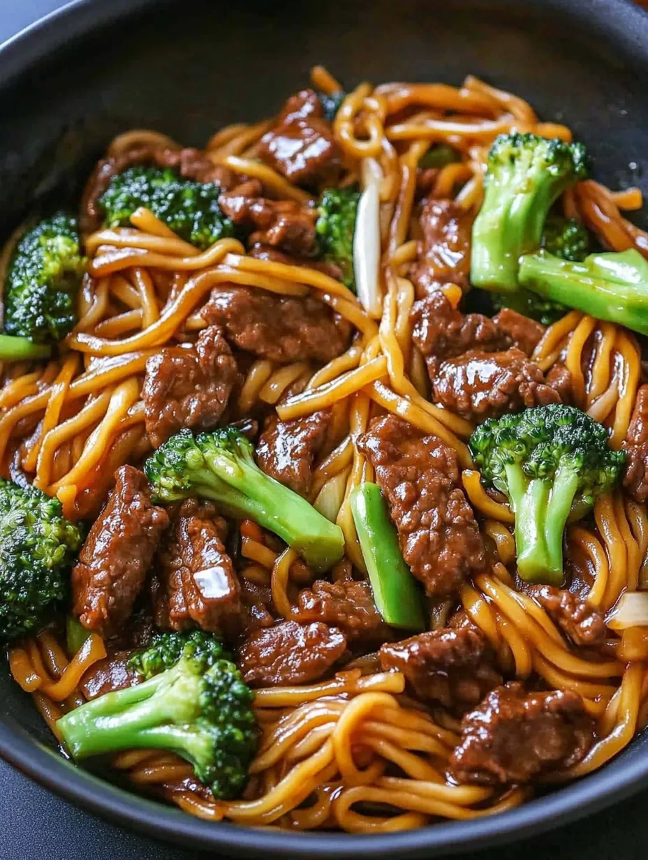 A bowl of noodles with meat and broccoli.