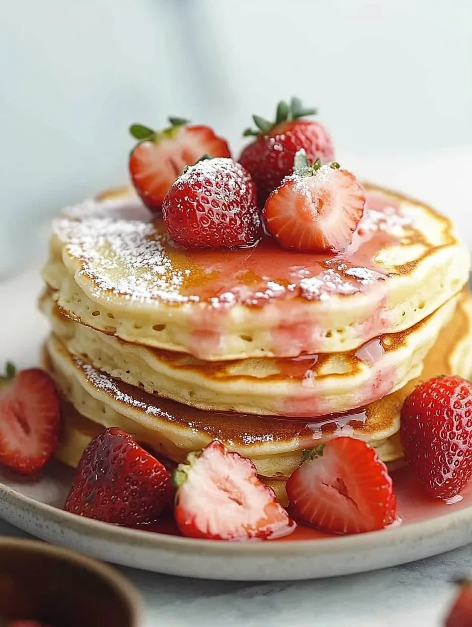 A stack of pancakes with strawberries on top.