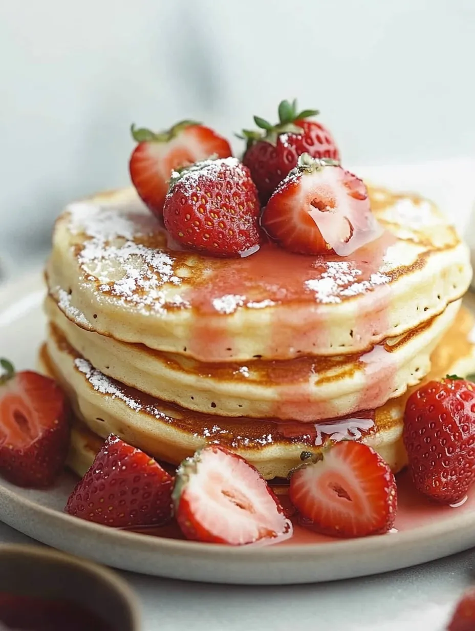 A stack of pancakes with strawberries on top.