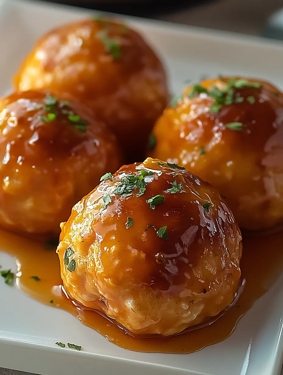 Four small, golden-brown, and slightly greasy balls of food are placed on a white plate, covered in a sauce.