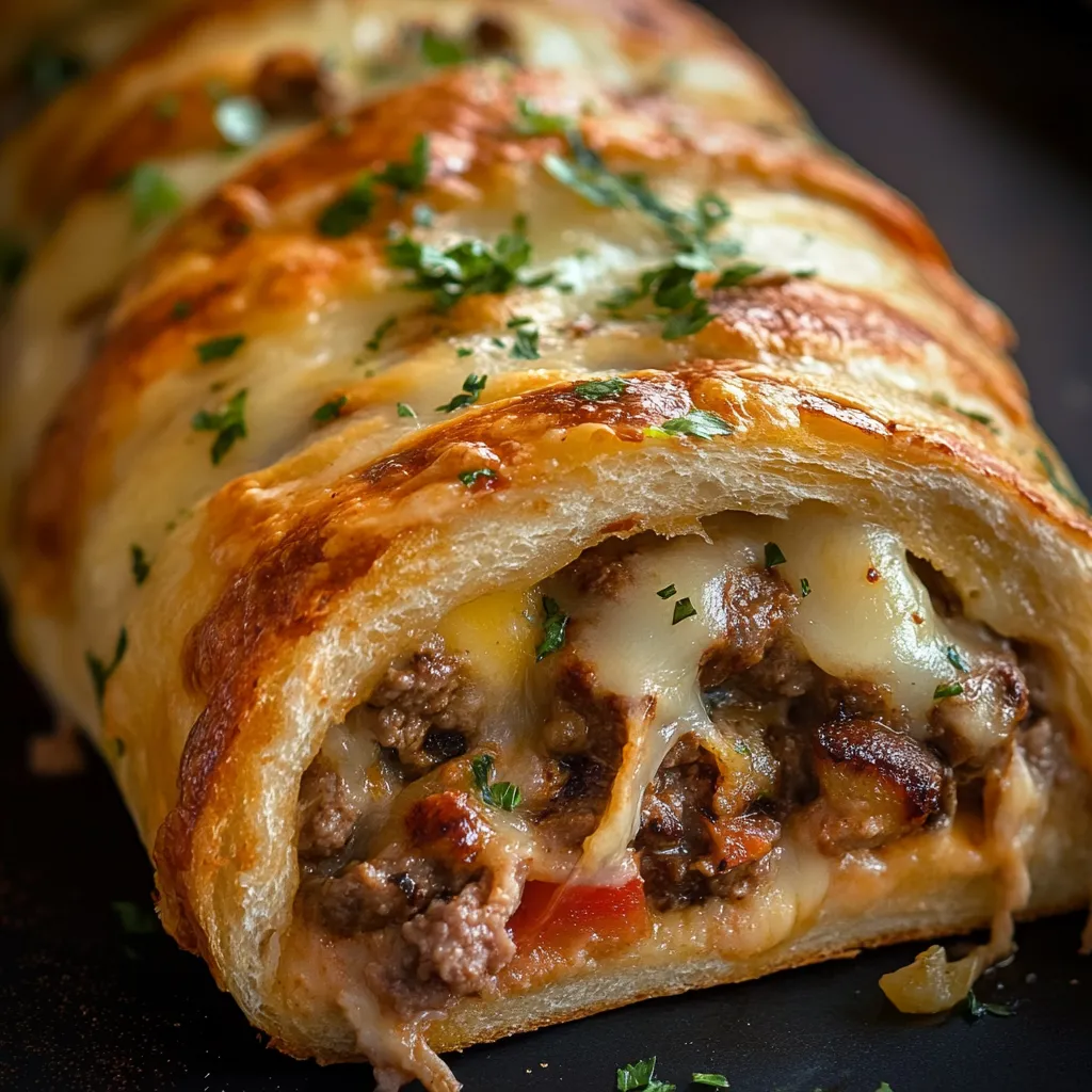 A delicious meat and cheese filled pastry is displayed on a table.