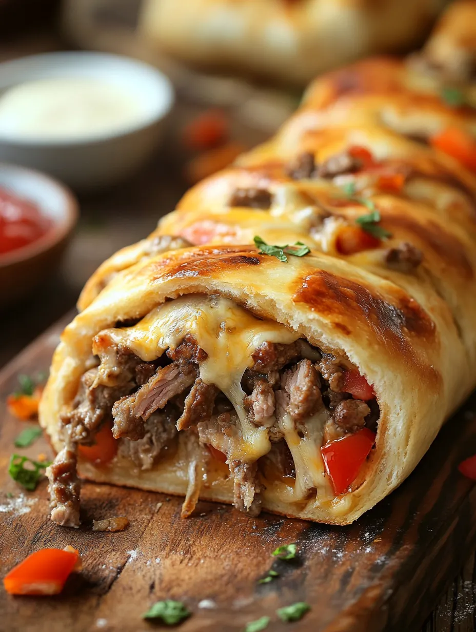 A delicious meat and cheese filled pastry is displayed on a wooden table.