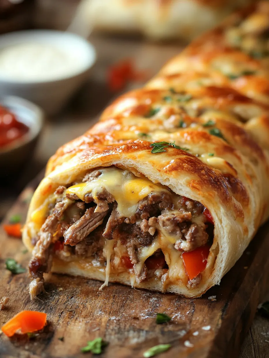 A large, stuffed pizza roll is placed on a wooden table, ready to be enjoyed.