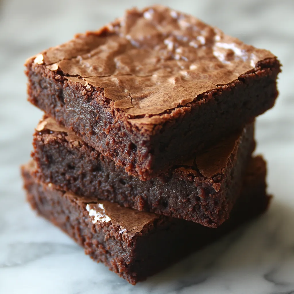 Three pieces of chocolate cake stacked on a marble counter.