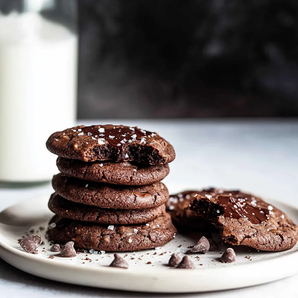 A plate of chocolate cookies with chocolate drizzle and chocolate chips.