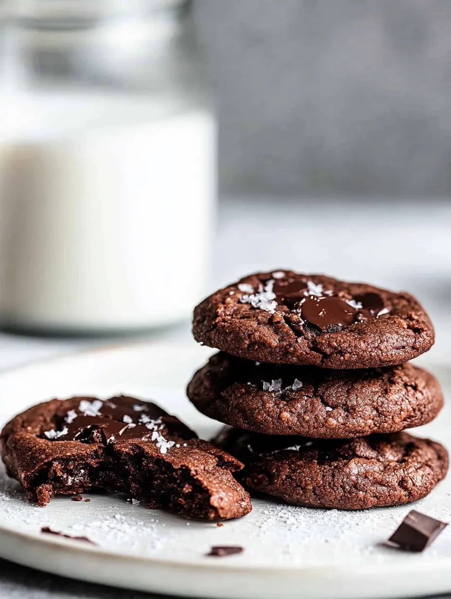 Chocolate cookies with chocolate drizzle on a plate.