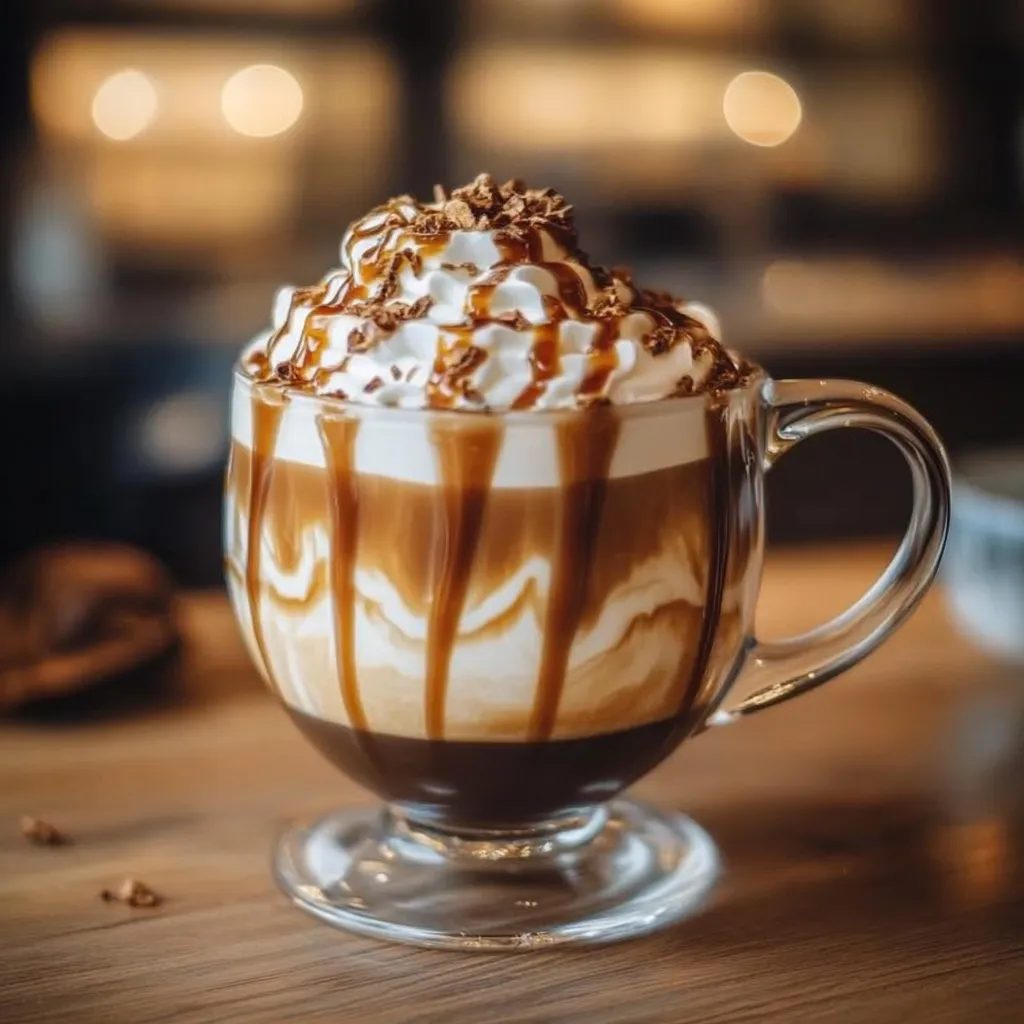 A cup of coffee with a caramel topping and whipped cream.