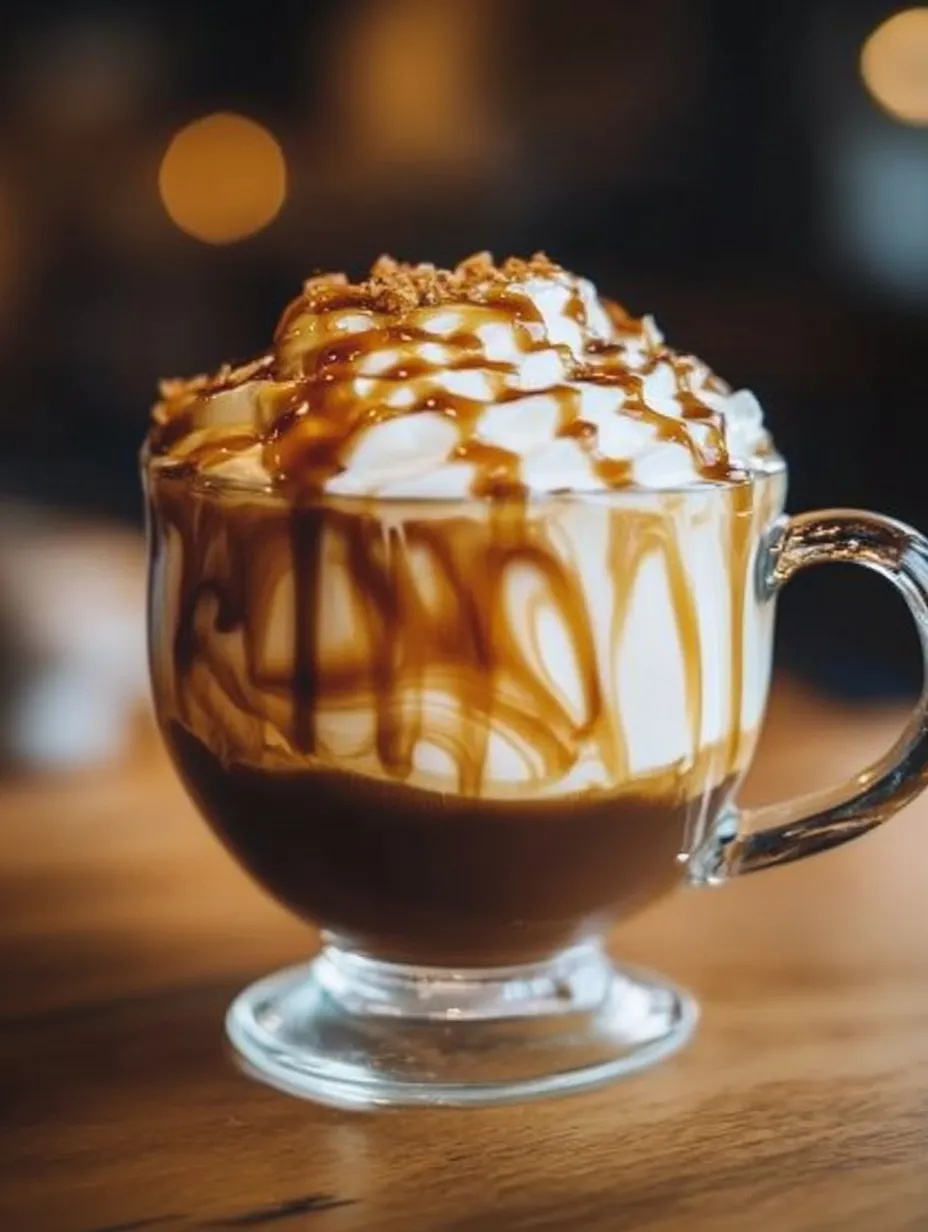 A cup of coffee with a caramel sauce drizzle and whipped cream on top.