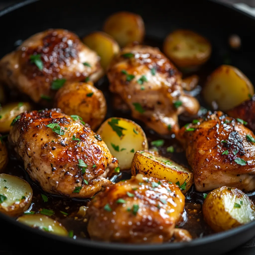 A pan of chicken and potatoes with herbs and spices.