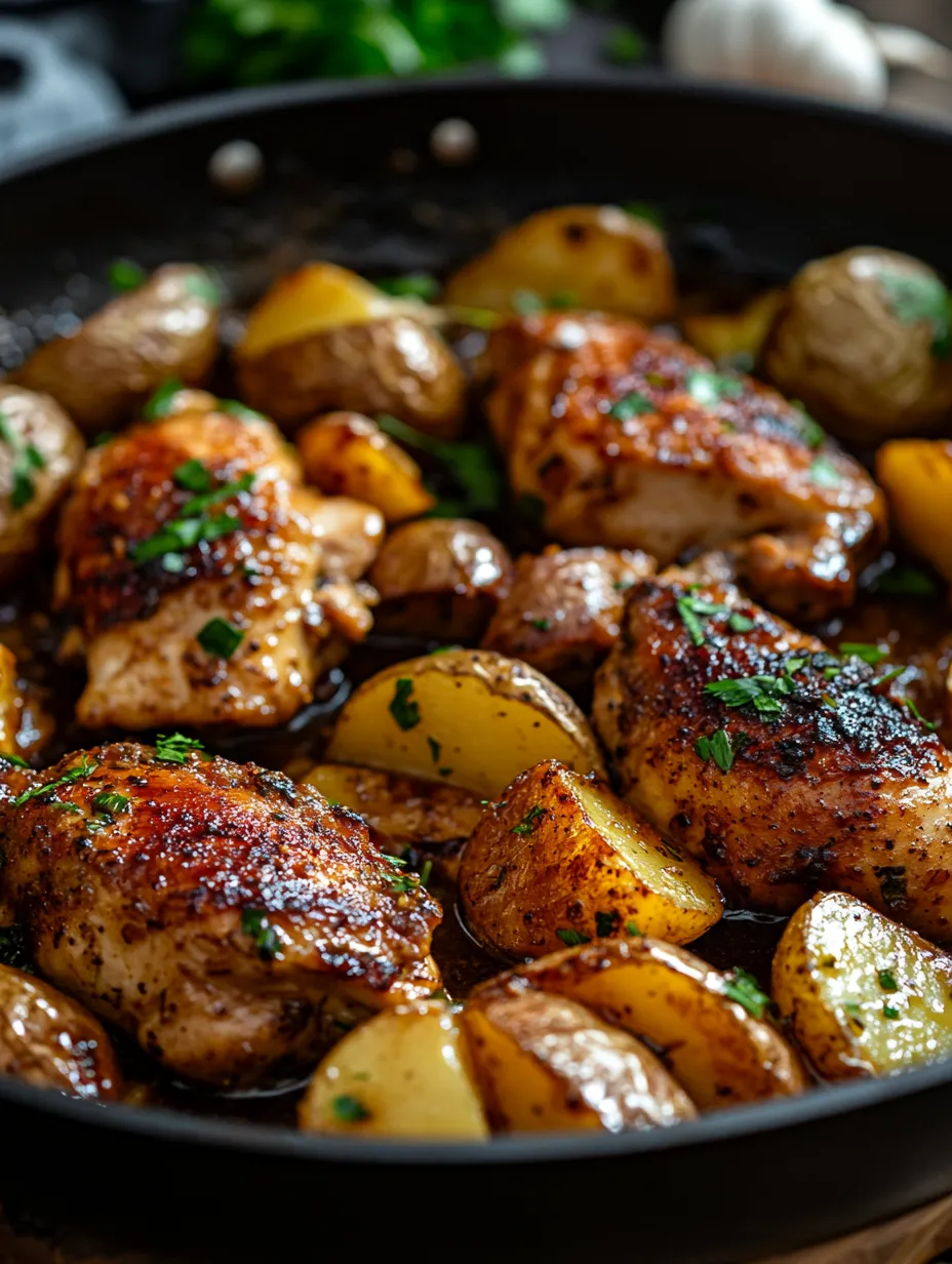 A delicious meal of chicken and potatoes cooked in a pan.