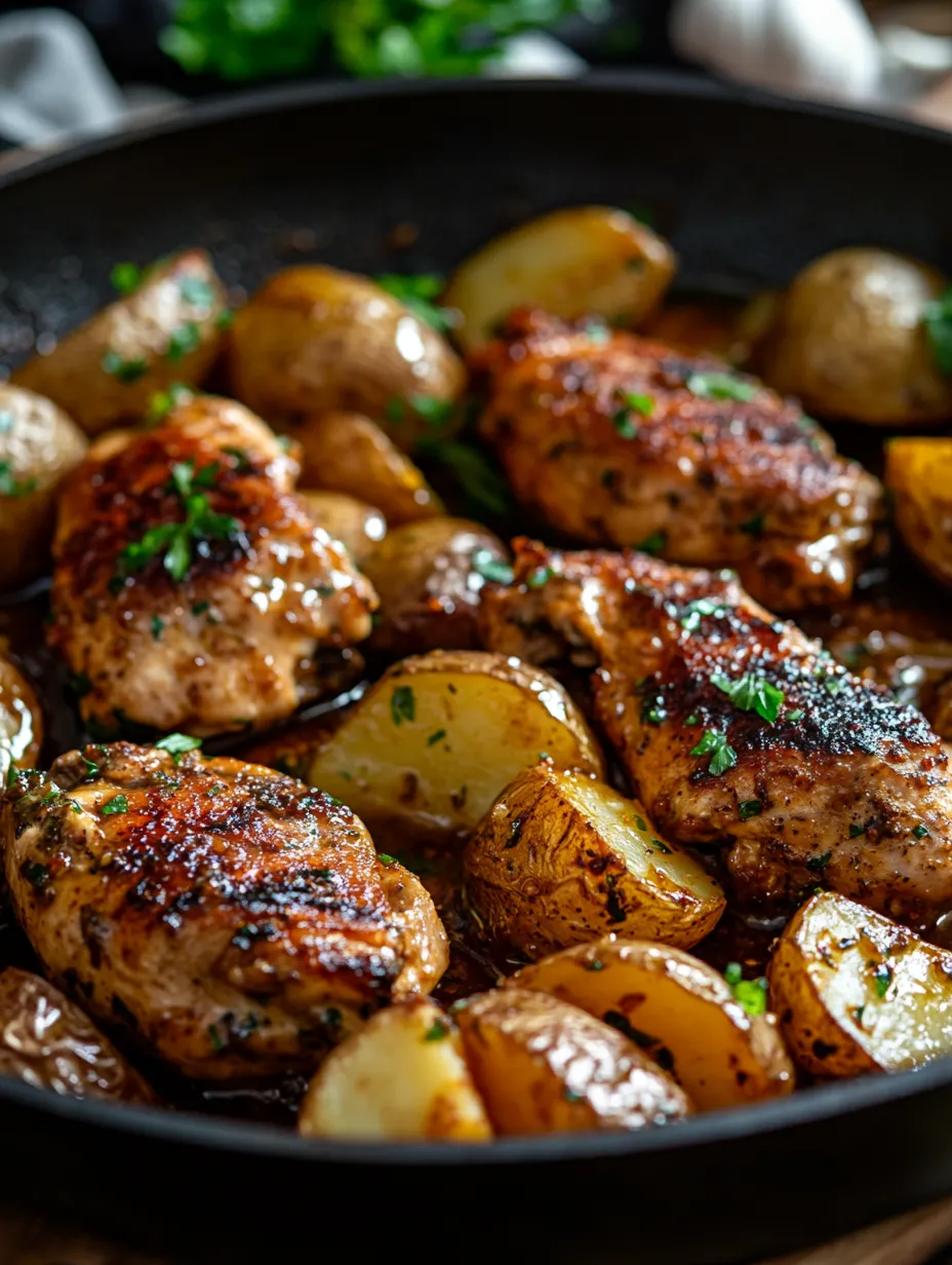 A delicious meal of chicken and potatoes in a black pan.