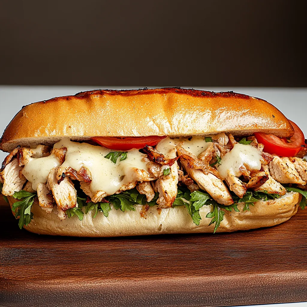 A sandwich with chicken, tomatoes, lettuce, and cheese is displayed on a wooden table.