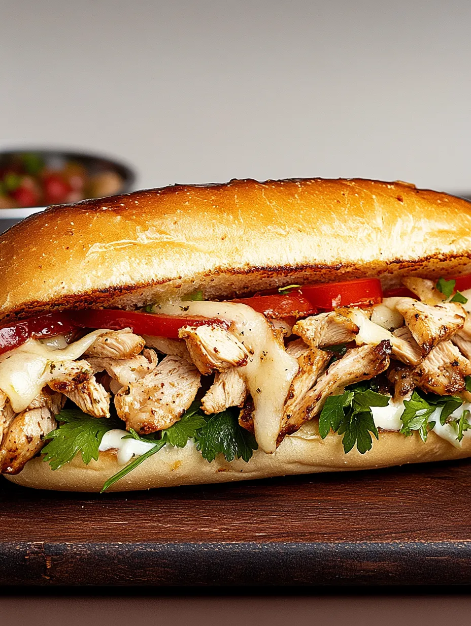 A large sandwich with meat, tomatoes, lettuce, and cheese is displayed on a wooden table.