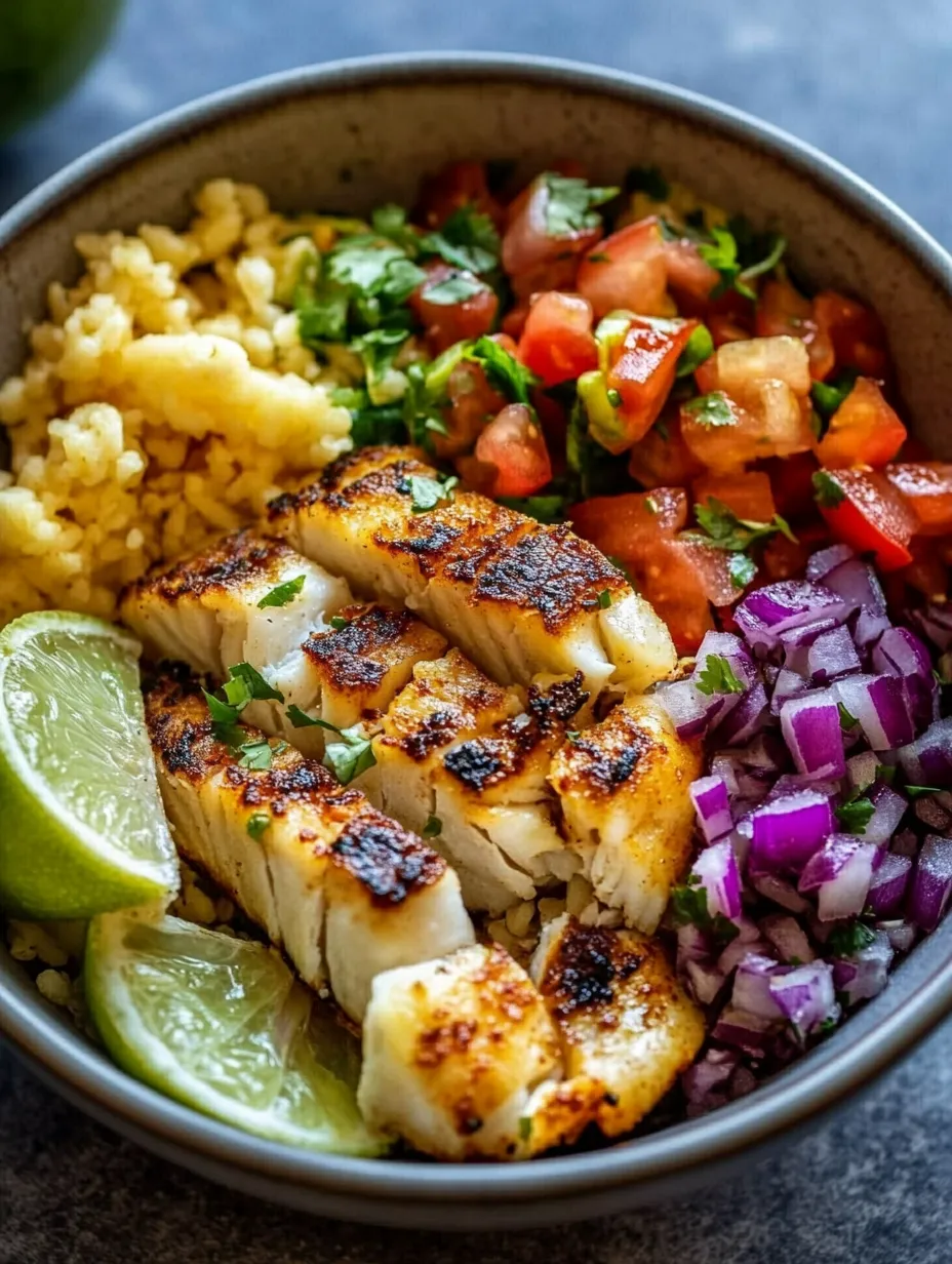 A bowl of food with a variety of ingredients, including fish, rice, tomatoes, onions, and limes.