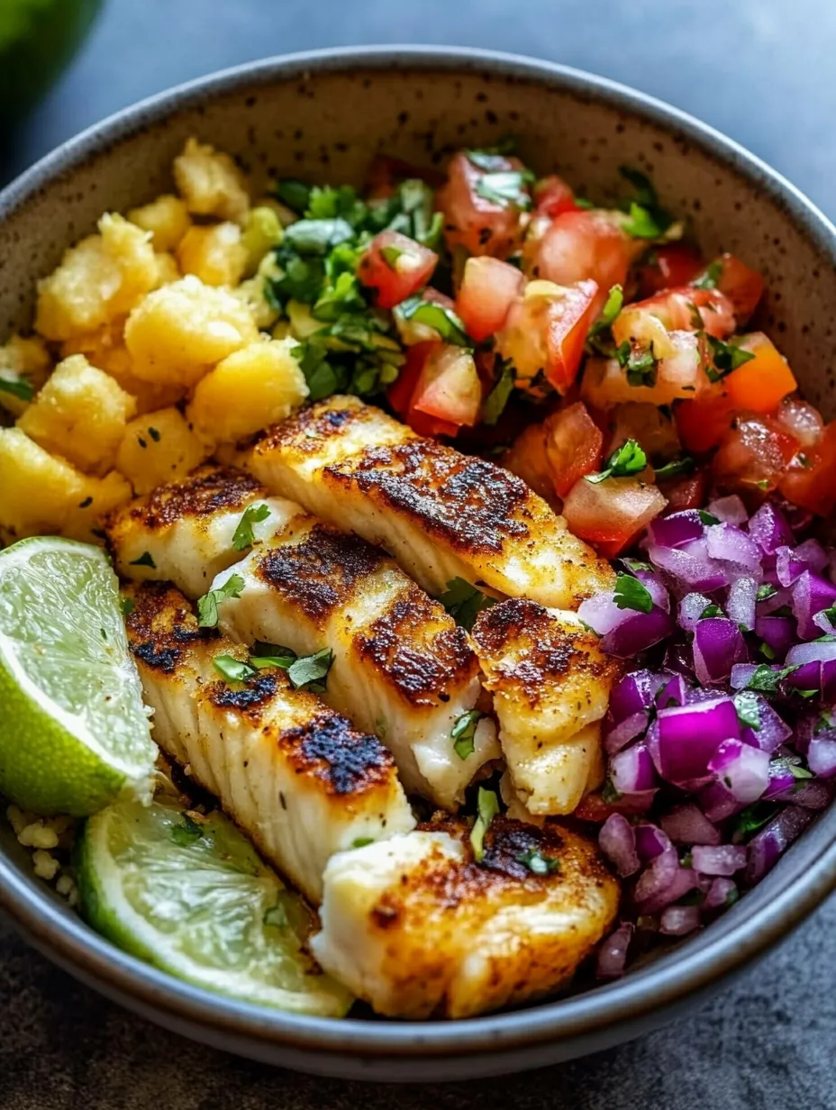 A bowl of food with fish, tomatoes, onions, and limes.